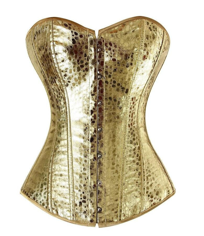 Online discount shop Australia - Leather Overbust Corset gold/sliver Showgirl Clubwear Burlesque zipper Costume Lace up Boned Carnival Top Shirt S-2XL