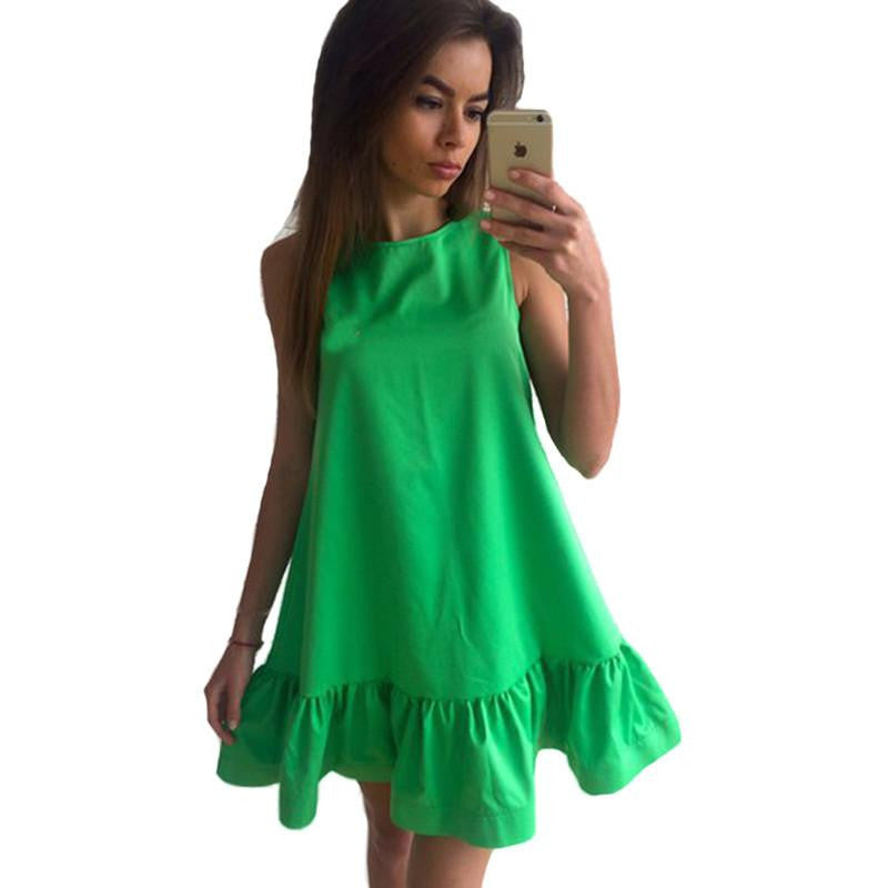 Women Dress Summer Sleeveless Back Zipper Cotton Green Ruffle Cute Casual Short Dress Loose Party Beach Dress Girl Vestidos