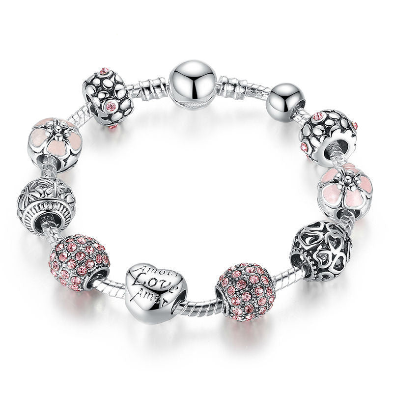 Online discount shop Australia - Antique 925 Silver Charm Bangle & Bracelet with Love and Flower Crystal Ball Women Wedding Valentine's Day Gift PA1455