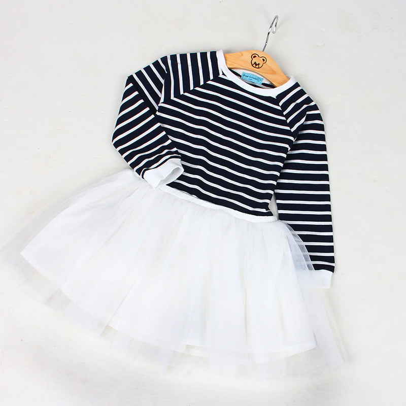 Online discount shop Australia - Girls Dress Girls Dresses Long Sleeve Blanck&White Striped Mesh Design Princess Dress Children Clothing