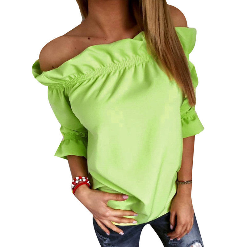 Online discount shop Australia - Fashion Women Blouse Puff Sleeve Slash Neck Soild Shirt Strapless Off Shoulder Ruffles Feminine Blouses Ladies Tops LJ3866C