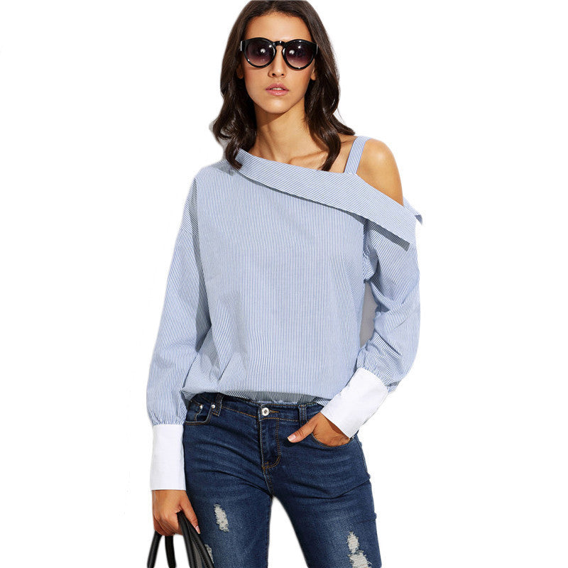 Blue Striped Fold Over Asymmetric Shoulder Contrast Cuff Shirt Ladies Long Sleeve Buttons Blouse