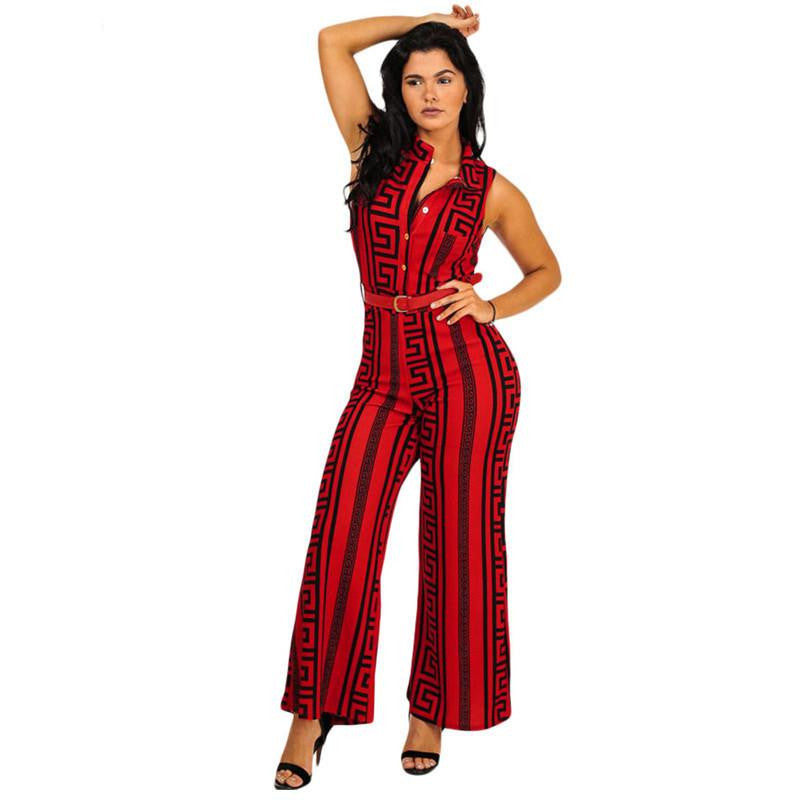 Online discount shop Australia - Dear-Lover Wide Leg Jumpsuit Overalls Long Trousers Outfits Fashion Women Black Print Gold Belted Ladies Playsuits LC64021