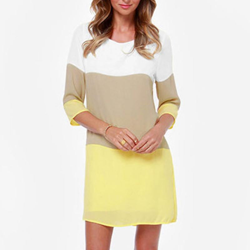 Woman Summer Clothes Vestidos Color Blocking White Khaki Yellow Color Block Wear Female Dress