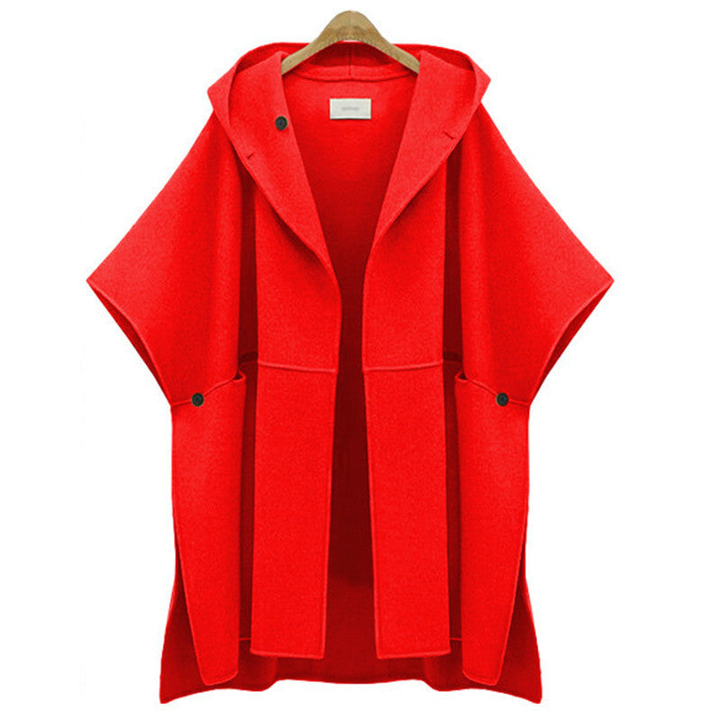 hooded bat sleeve cape woolen jacket plus size ladies loose woolen coat