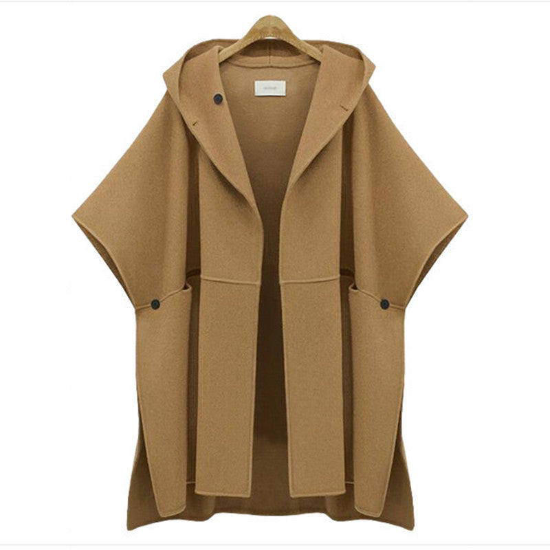 hooded bat sleeve cape woolen jacket plus size ladies loose woolen coat