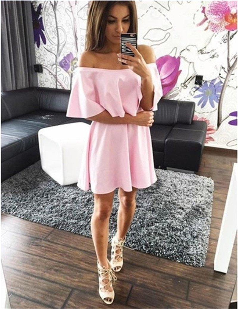 Women Dresses Summer Casual Solid Candy Off the Shoulder Slash Neck Club Party Dresses Women
