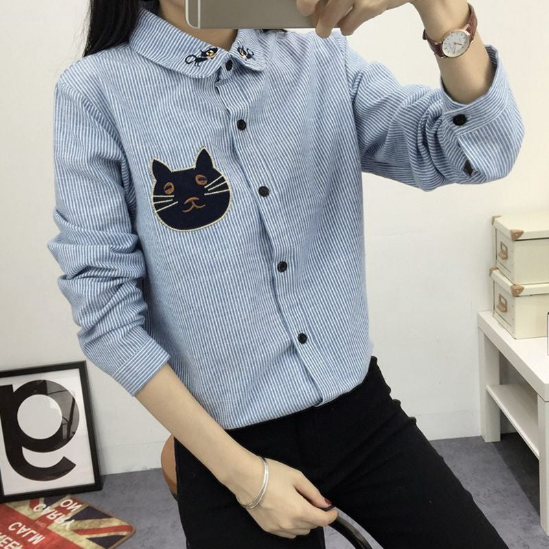 Women's Shirt Blouse Cat Embroidery Long Sleeve Women Shirt's Casual Tops Size M-XL