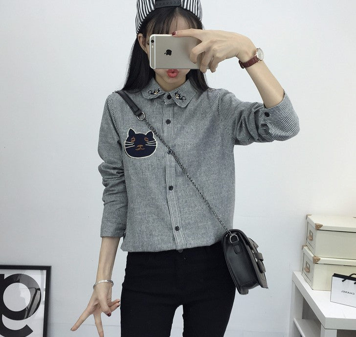 Women's Shirt Blouse Cat Embroidery Long Sleeve Women Shirt's Casual Tops Size M-XL