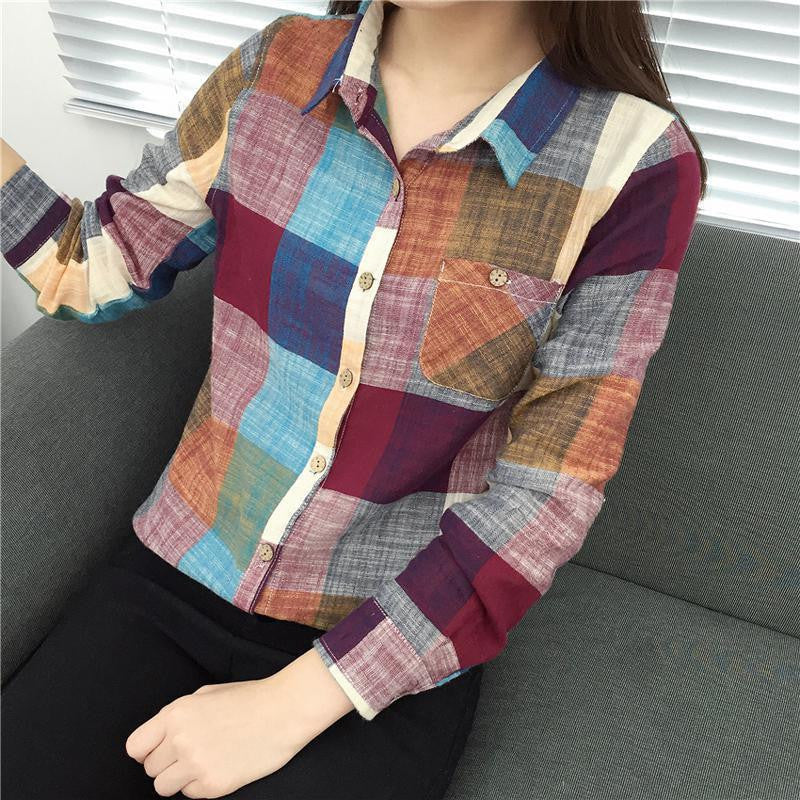 Vintage Plaid Shirt Women Fashion Ladies Tops Women Blouses Long Sleeve Blouse Women Casual