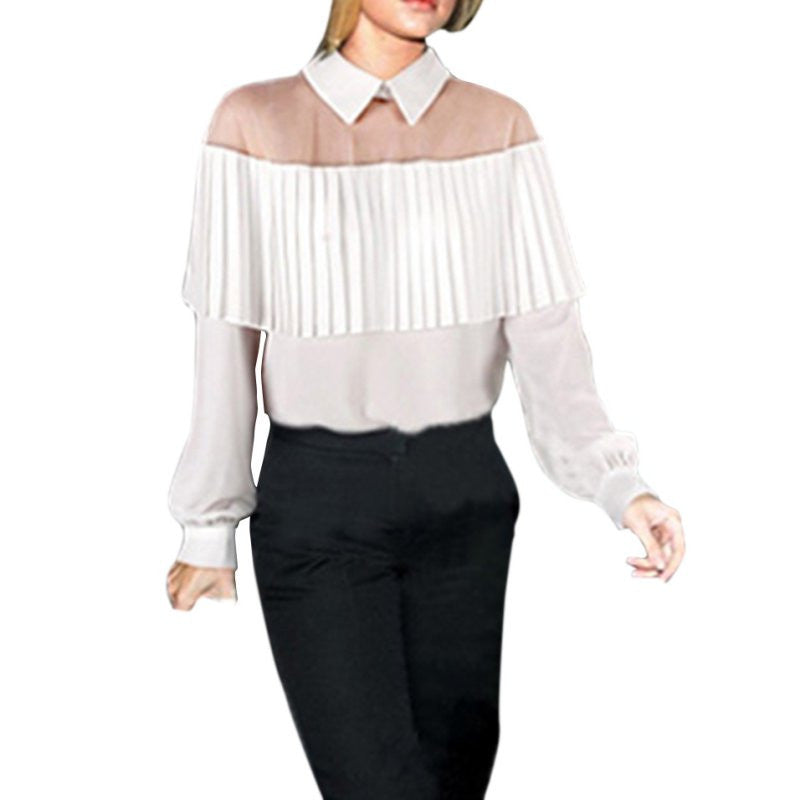 Off Shoulder Cape-Style Loose Pleated White Black Tops Chiffon Blouse Shirt For Women