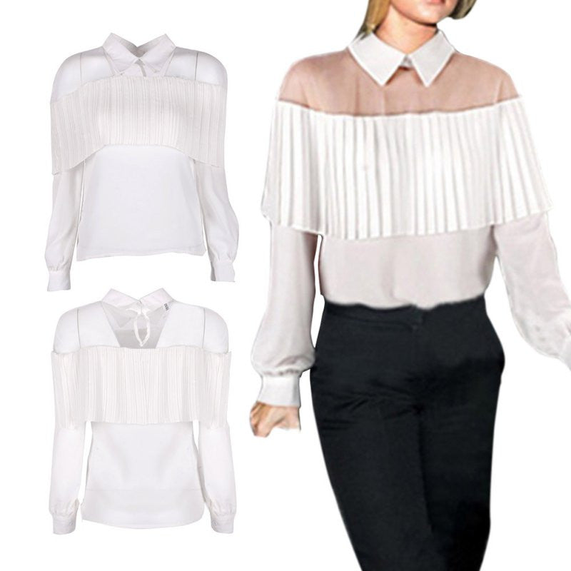 Off Shoulder Cape-Style Loose Pleated White Black Tops Chiffon Blouse Shirt For Women