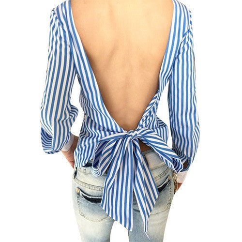 Plus Size Women Bowknot Backless Striped Blouses Shirts Full Sleeve Hollow Out Women Bandage Female Tops