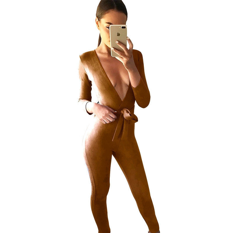 Online discount shop Australia - Deep v neck suede belt bodycon jumpsuit romper fitness brown party women jumpsuit Casual fashion overalls