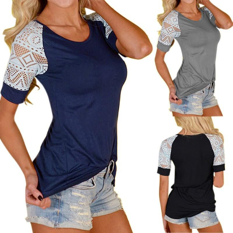 Women Lace Stitching Slim T-shirt Casual Hollow Short Sleeve O neck Tops Tee Shirt Plus Size