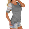 Women Lace Stitching Slim T-shirt Casual Hollow Short Sleeve O neck Tops Tee Shirt Plus Size