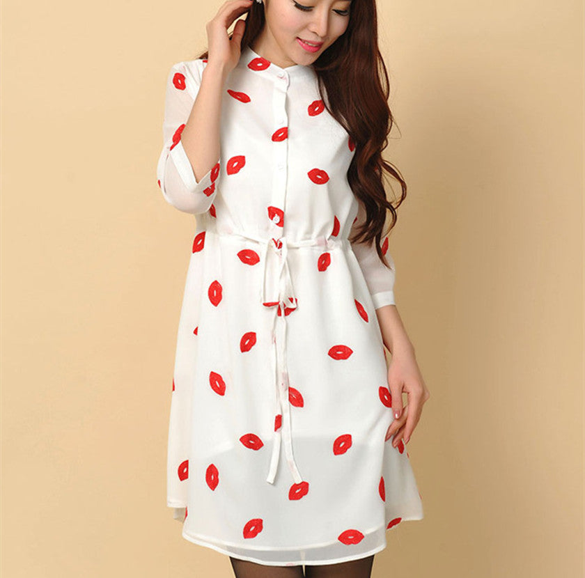 Online discount shop Australia - Autumn Cute Red Lips Print Stand Collar lined Dresses Women Chiffon Dress with Sashes Plus Size S-4XL