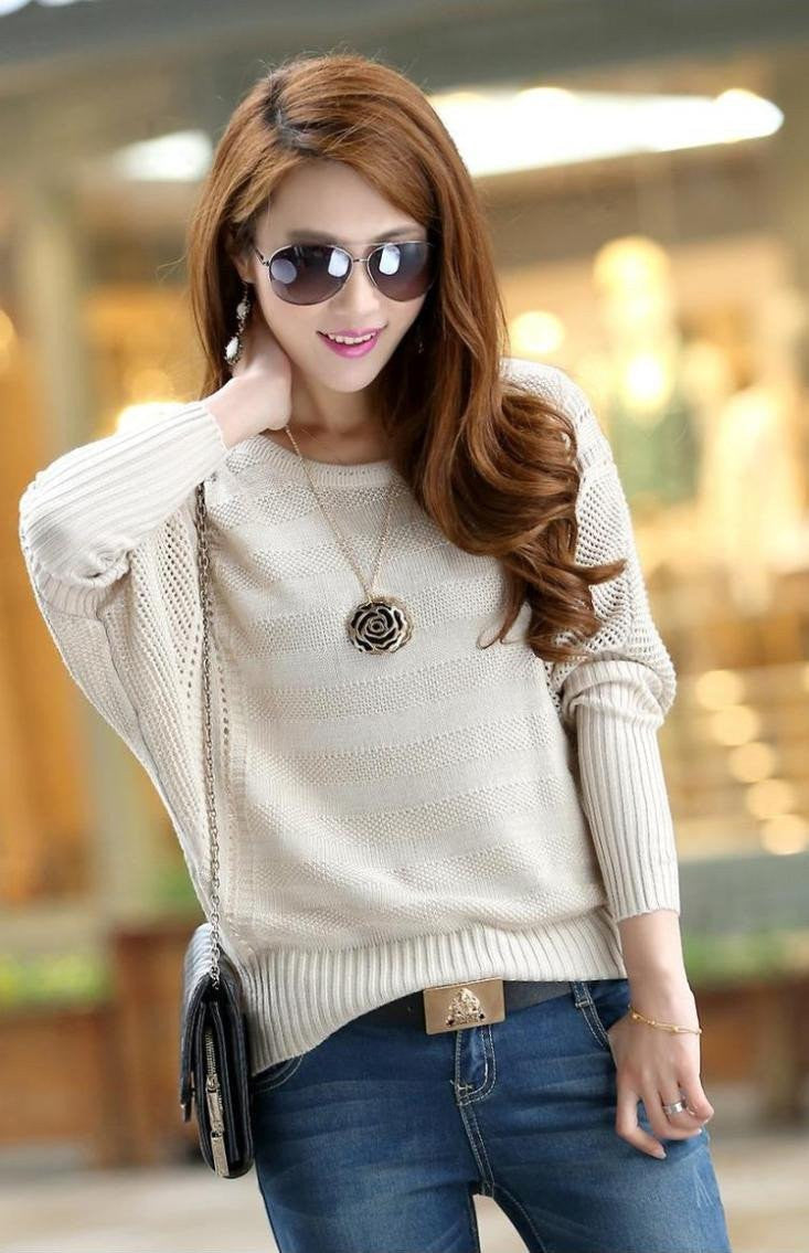 Women Solid Hollow Out Sleeve Sweater Casual Loose Knitted Pullover Female Jumper