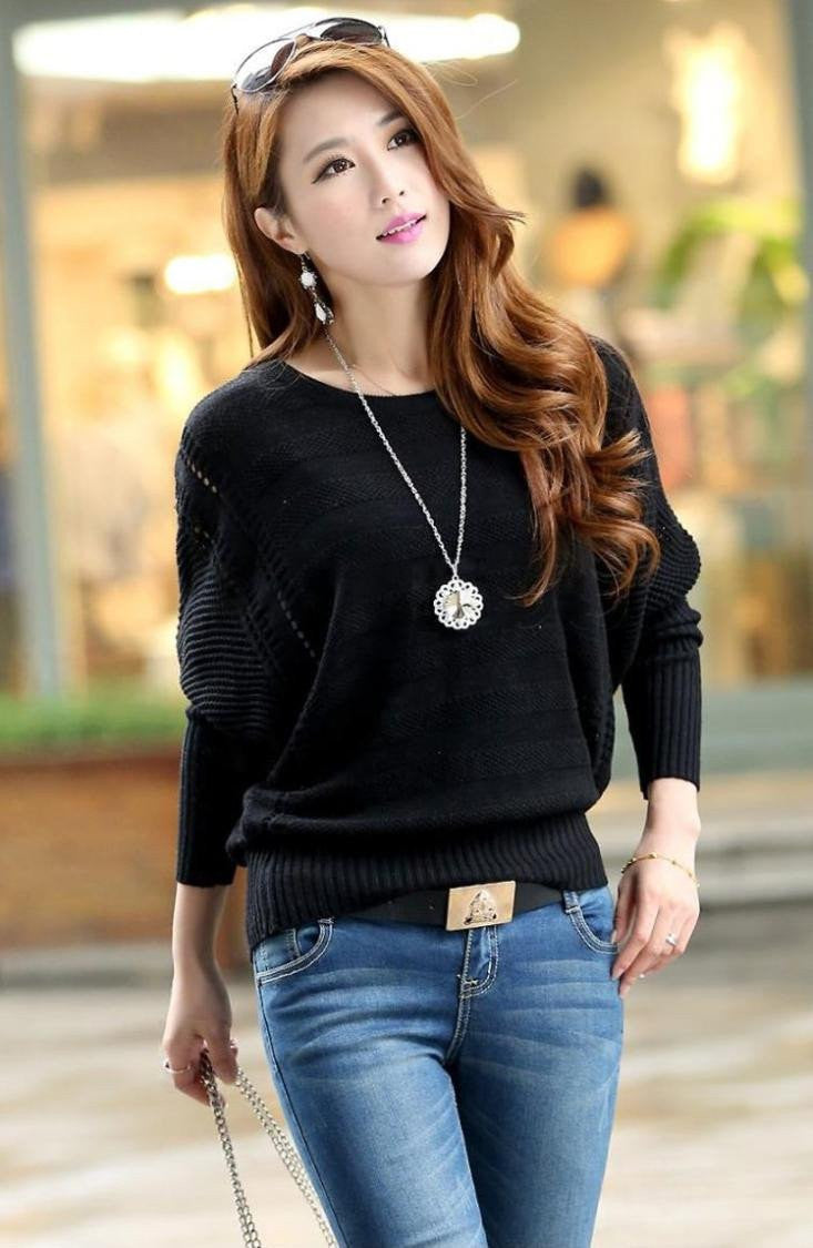 Women Solid Hollow Out Sleeve Sweater Casual Loose Knitted Pullover Female Jumper