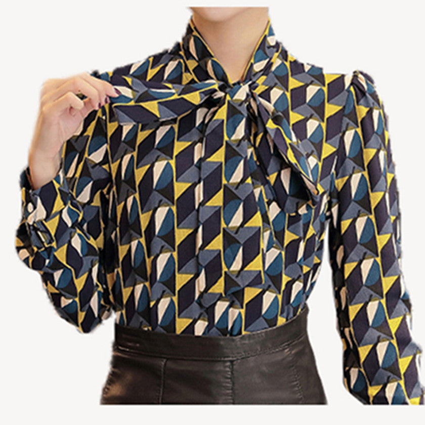 Work Wear Office Shirt Women Tops Yellow Floral Bow Tie Pattern Geometric Print Blouse Women Clothing T65628R