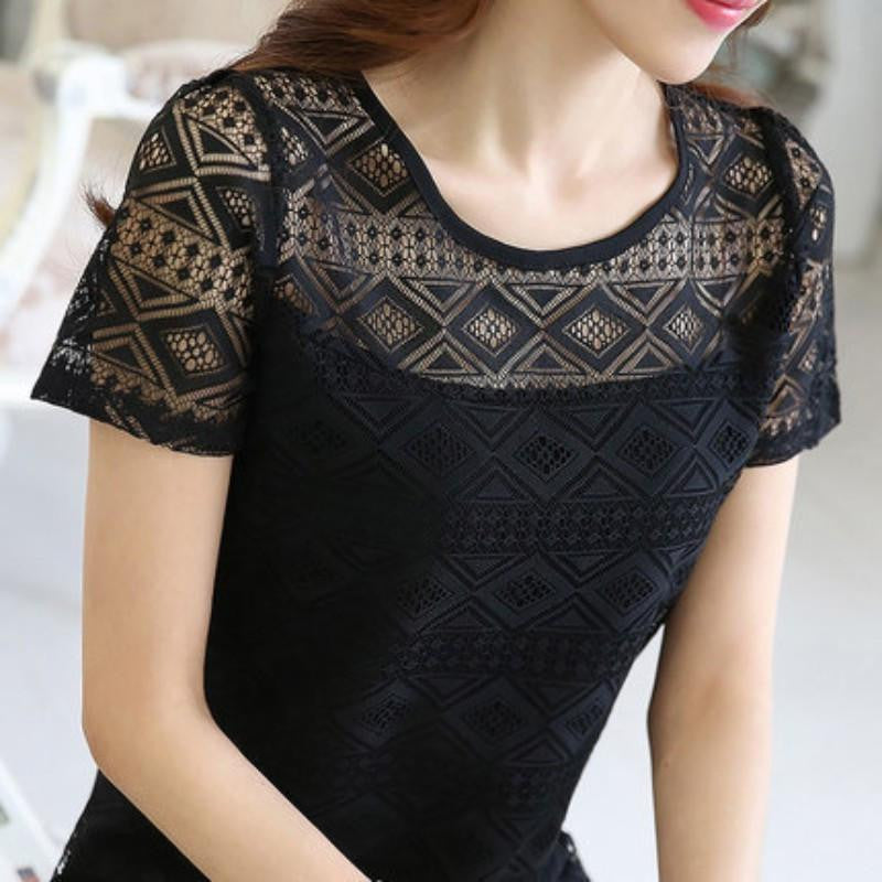 Women White Elegant Lace Blouse Chiffon Shirts Tops Short Sleeve Hollow Out Blouses Plus Size