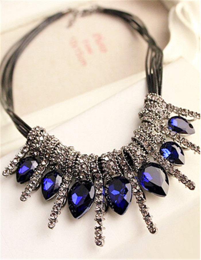 Online discount shop Australia - Luxury Imitation blue diomands rhinestone gem crystal peacock feather rope statement necklace fashion jewelry