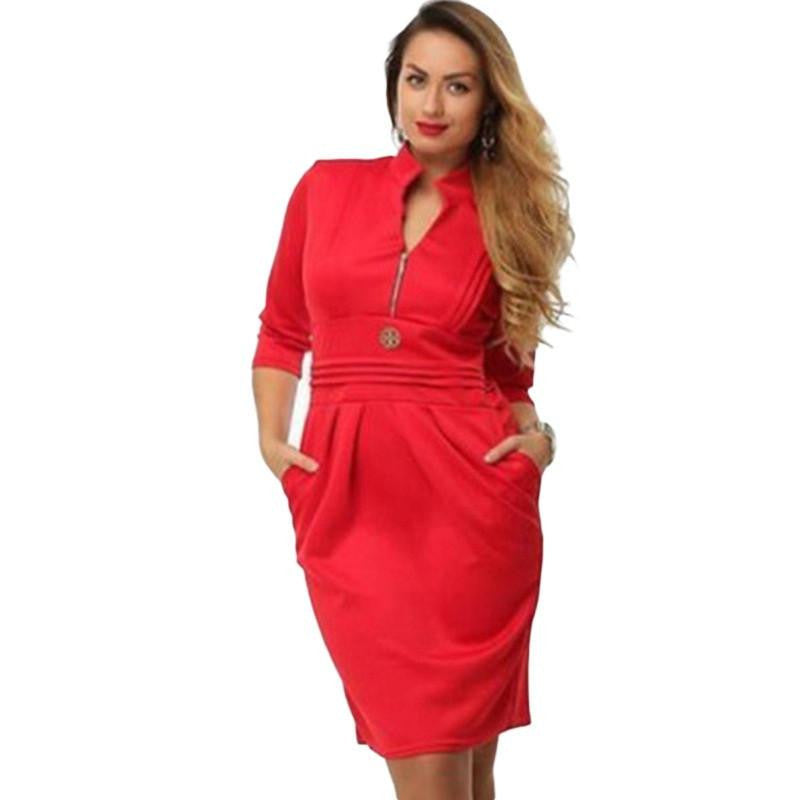 Women V-Neck Pockets Hip Mini Dress Pencil Dress Spring Dress Large Size European Pure Color Dress