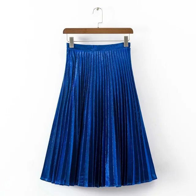 metal color pleated green blue red women long skirt