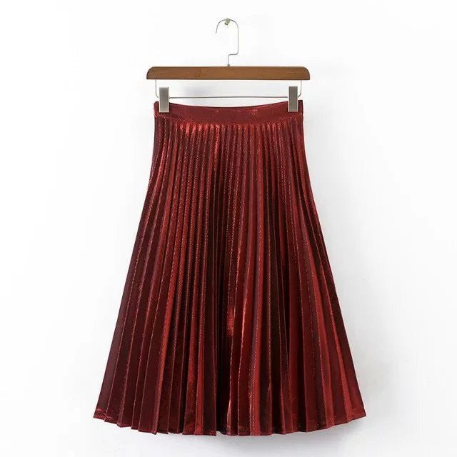 metal color pleated green blue red women long skirt