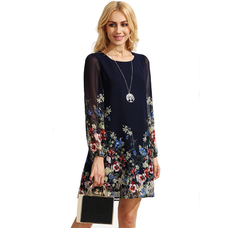 Online discount shop Australia - Casual Short Autumn Dresses For Women Multicolor Round Neck Long Sleeve Floral Print Straight Chiffon Dress