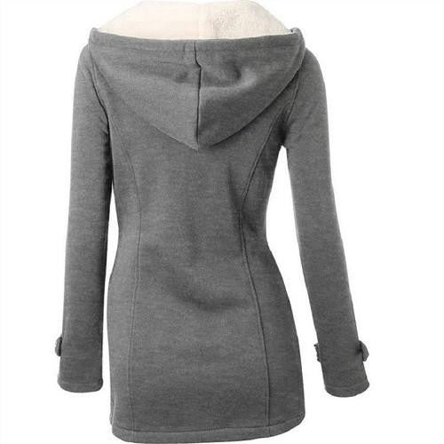 Women 's Hooded Woolen Classic Hornskin Buckle Jacket Coat Solid Color Casual Female Outwear Coat