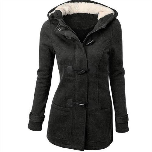 Women 's Hooded Woolen Classic Hornskin Buckle Jacket Coat Solid Color Casual Female Outwear Coat