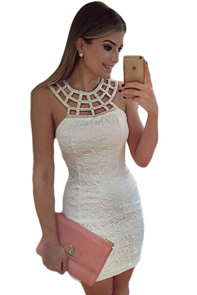 Design summer Women casual Caged Round Neck White Lace Mini Dress LC22609 spring party club vestidos on