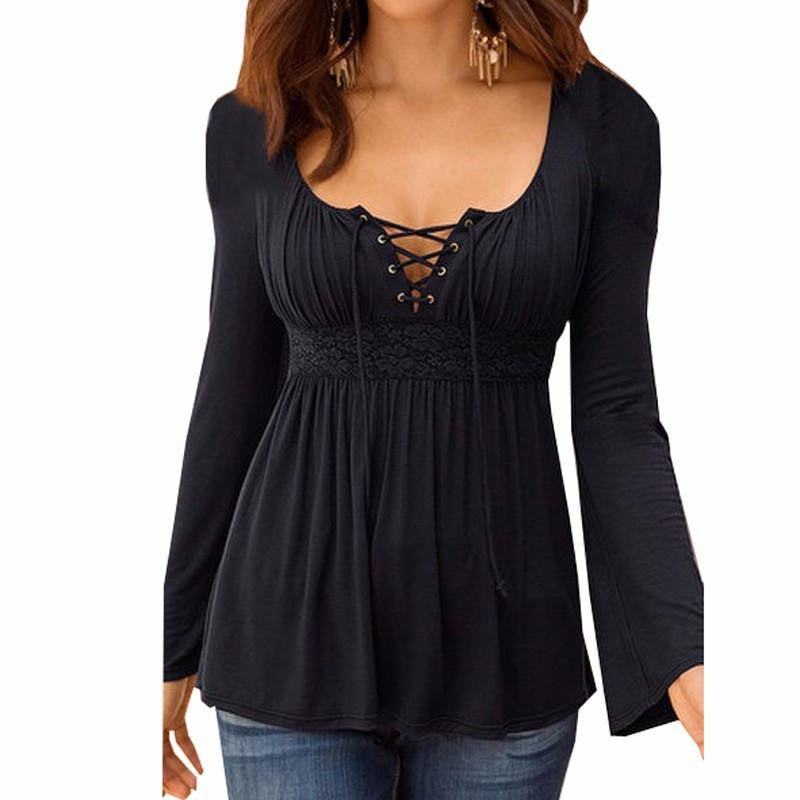 Women Blouse V Neck Long Sleeve Lace Shirt Solid Casual Pleated Lace Up Stretch Blouses Plus Size