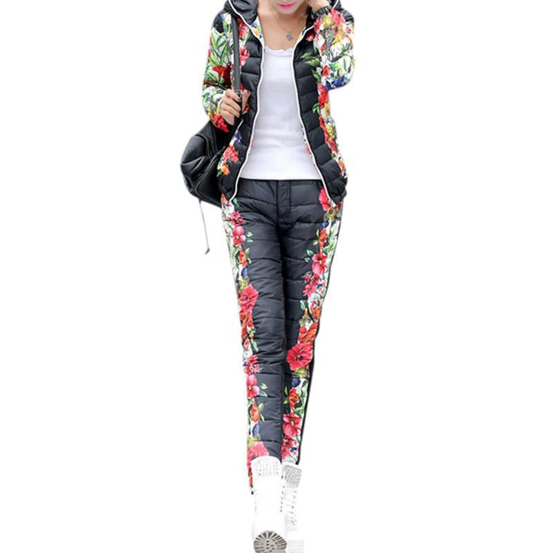 Women Jackets Coats Fashion Floral Slim Thick Coat + Pant Contrast Color Coat