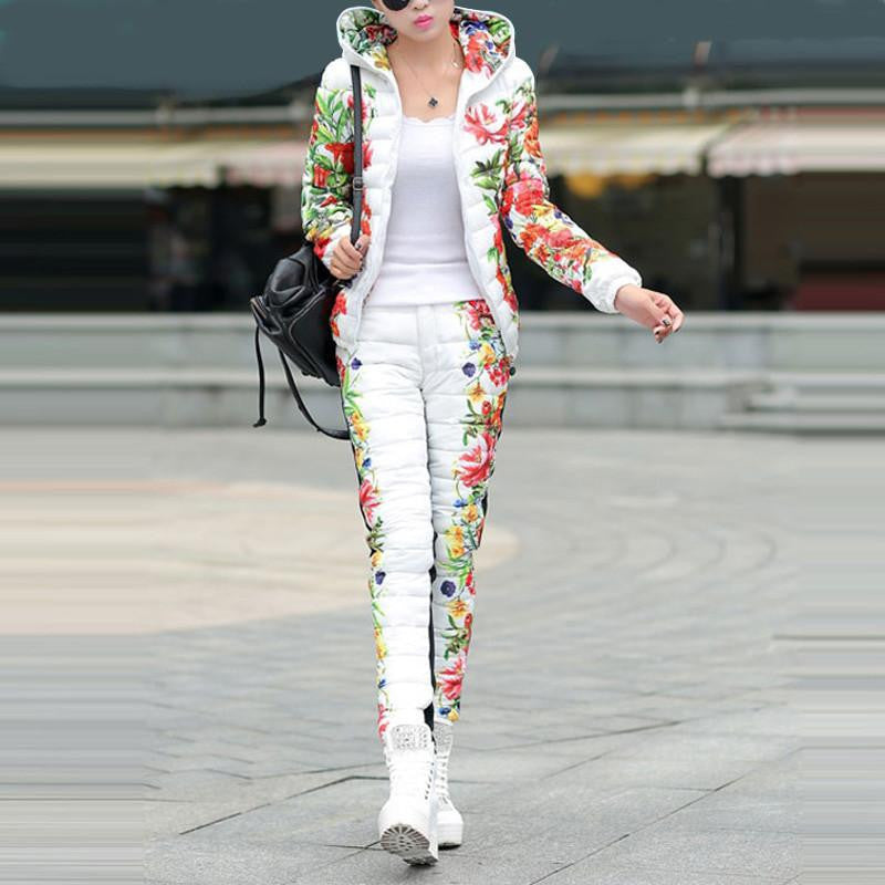 Women Jackets Coats Fashion Floral Slim Thick Coat + Pant Contrast Color Coat