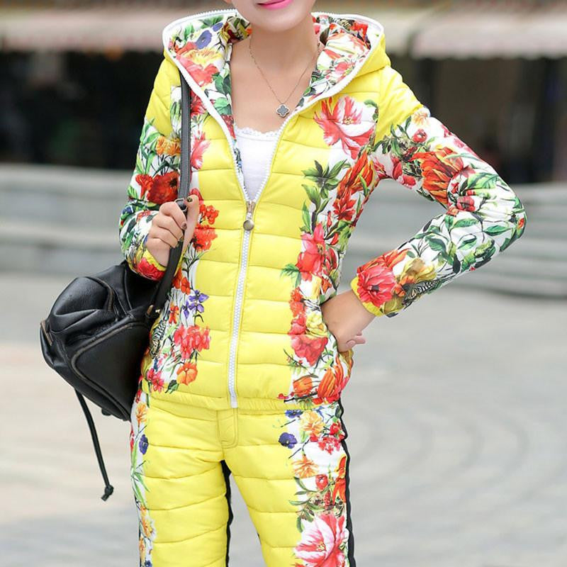 Women Jackets Coats Fashion Floral Slim Thick Coat + Pant Contrast Color Coat