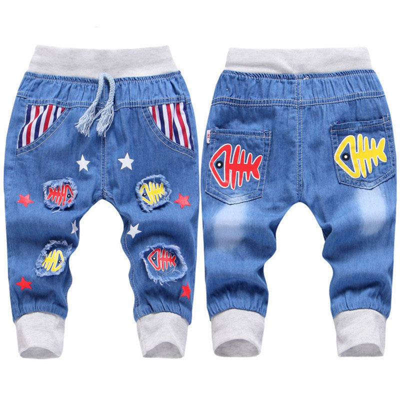 Kids Jeans Elastic Waist Straight Bear Pattern Denim Seventh Pants Retail Boy Jeans For 2-5 Years WB142