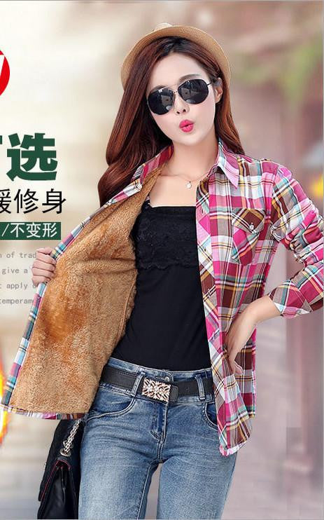 Thick Velvet Cotton Long Sleeve Women's Plaid Shirt Flannel Blouses Girl Female Tops