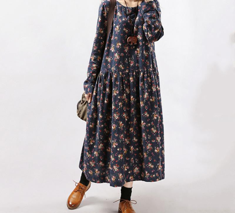 Women Dresses Vintage Print Casual Long Sleeve Cotton Linen Maxi Dress Swing Floral Big Size Dress
