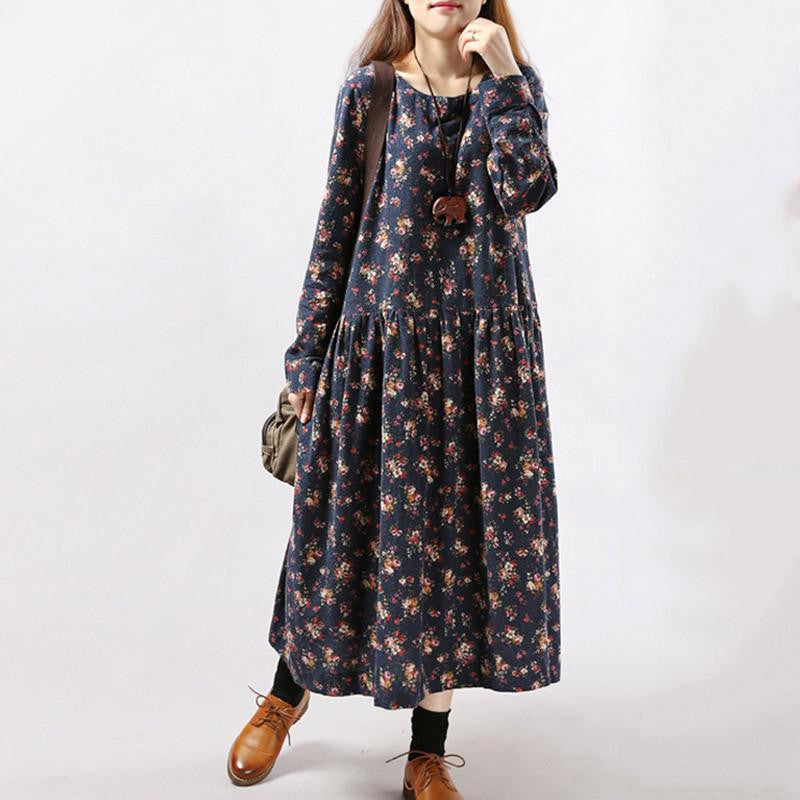 Women Dresses Vintage Print Casual Long Sleeve Cotton Linen Maxi Dress Swing Floral Big Size Dress
