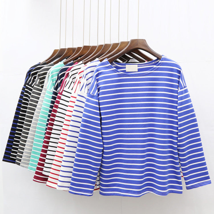 Online discount shop Australia - Ladies Casual Shirt Women's Red White Striped 3/4 sleeve  Tops For Woman Crew Neck Bottoming Tee Shirt 11 Colors