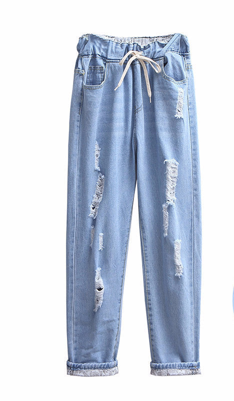 Ripped Jeans for Women Denim Harem Pants Elastic Waist Distressed Loose Casual Long Pants