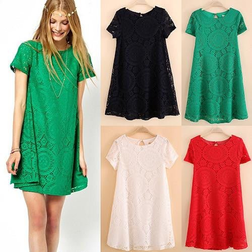 Women's Vintage Bohemian Short Sleeve Lace Dress Bottoming Loose Hollow Dresses