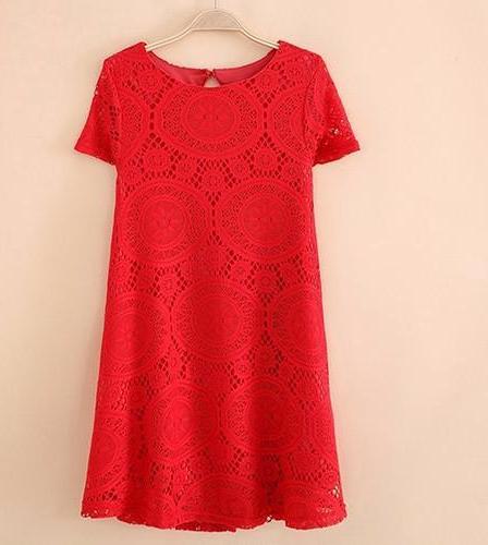 Women's Vintage Bohemian Short Sleeve Lace Dress Bottoming Loose Hollow Dresses