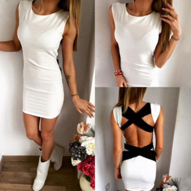 Online discount shop Australia - Fashion style White Knitted Cross Bandage Sleeveless Mini Dress Backless Short Bodycon Night Dress
