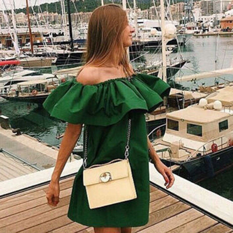 Online discount shop Australia - Fashion women Summer strapless Sexy Slash Ruffled Strapless Backless the beach style Loose Solid color dress