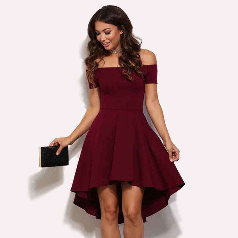 ball gown solid red sleeveless mini off the shoulder slash collar high waist women party dress
