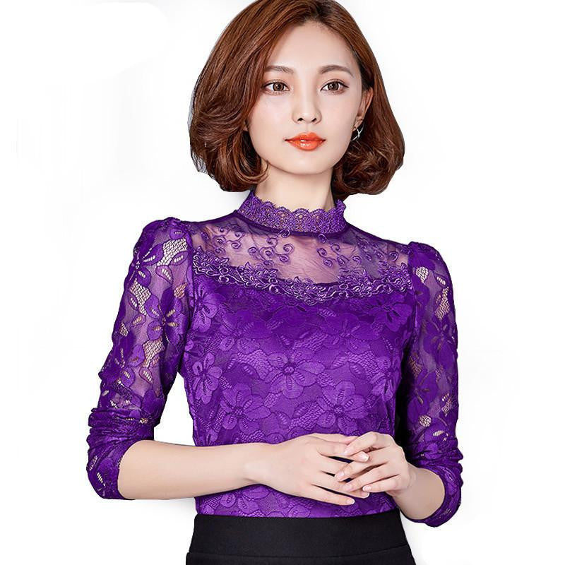 Women lace tops Fashion Elegant blouse shirt Long-sleeve Hollow lace shirt