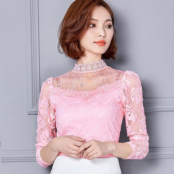 Women lace tops Fashion Elegant blouse shirt Long-sleeve Hollow lace shirt